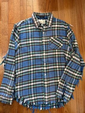 Women’s R13 Blue Green Plaid Distressed Button-Down Shirt - Medium